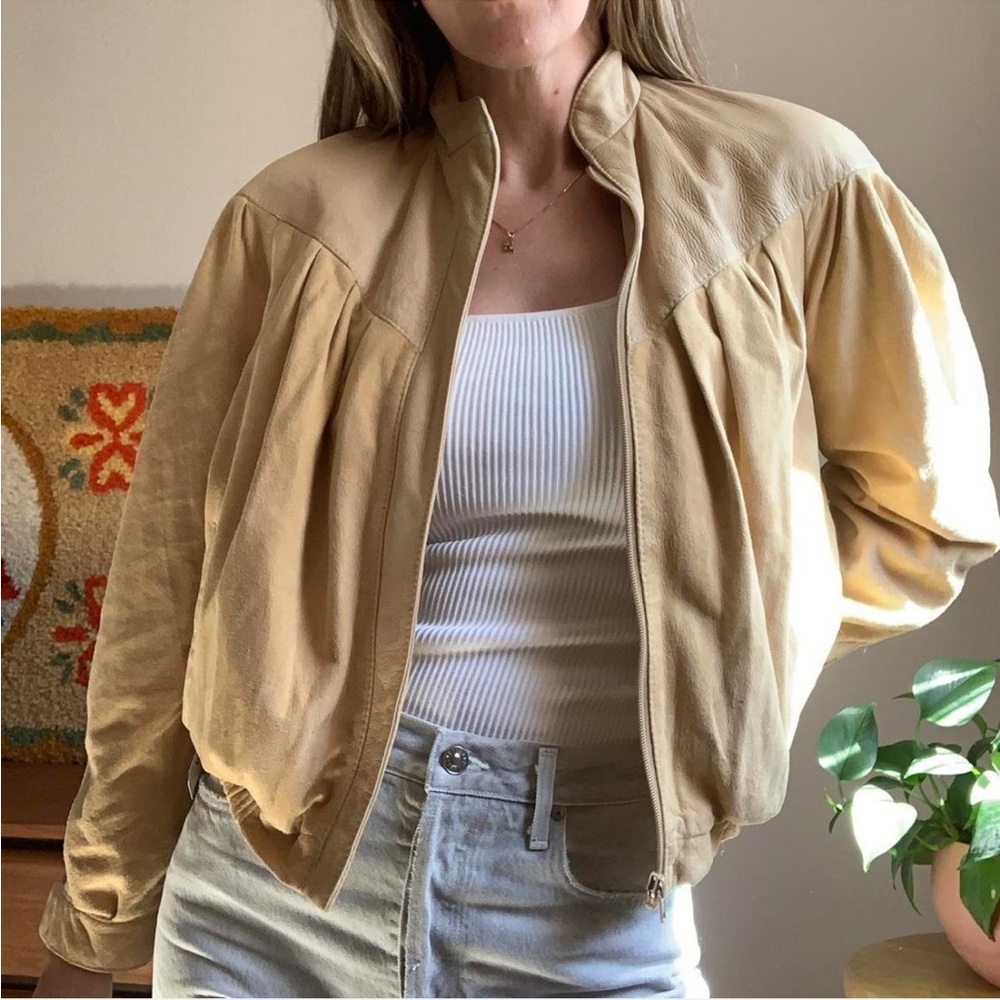 Vintage Tan Leather Women's Bomber Jacket